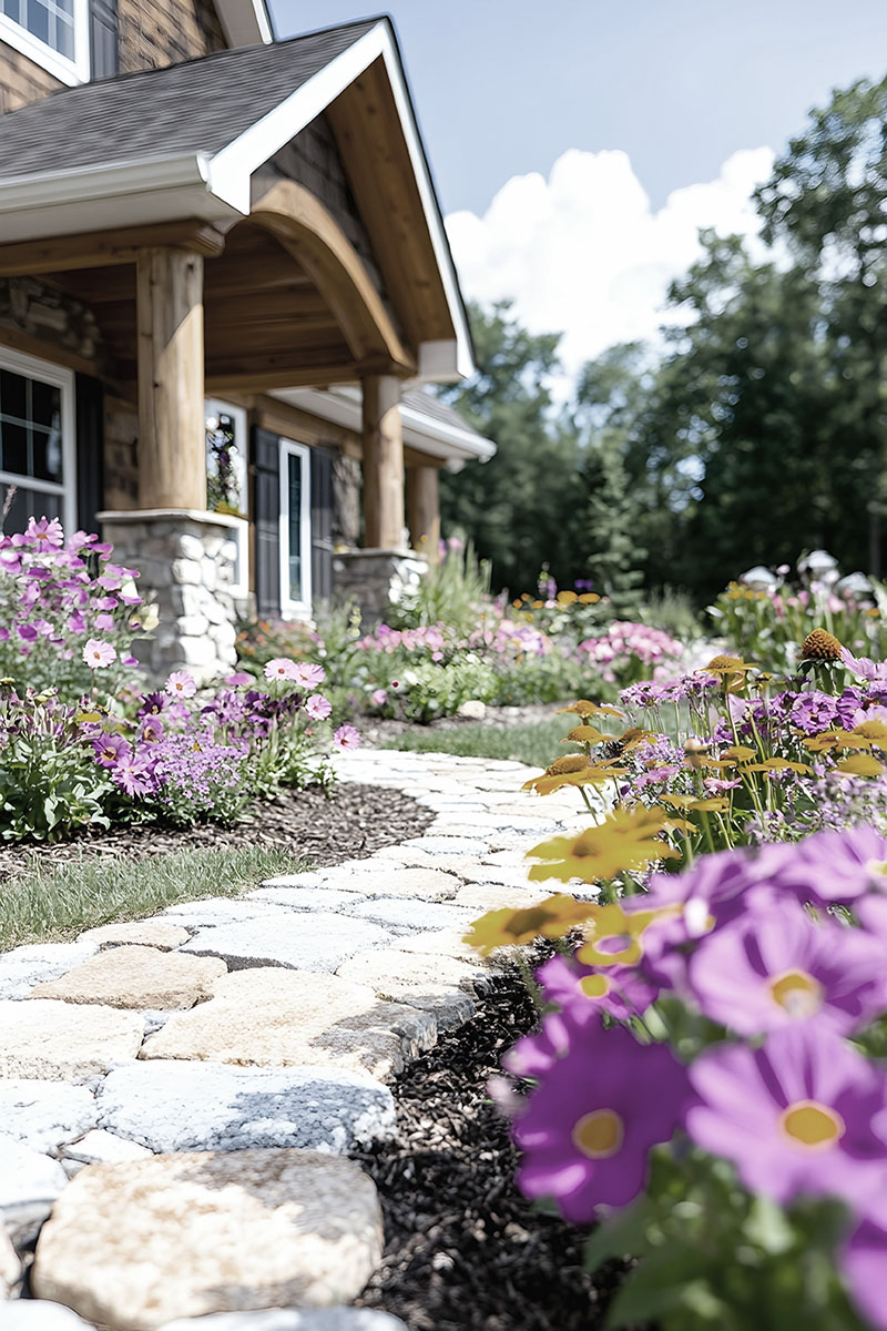 Stone path winds through vibrant flower garden beside a rustic log home